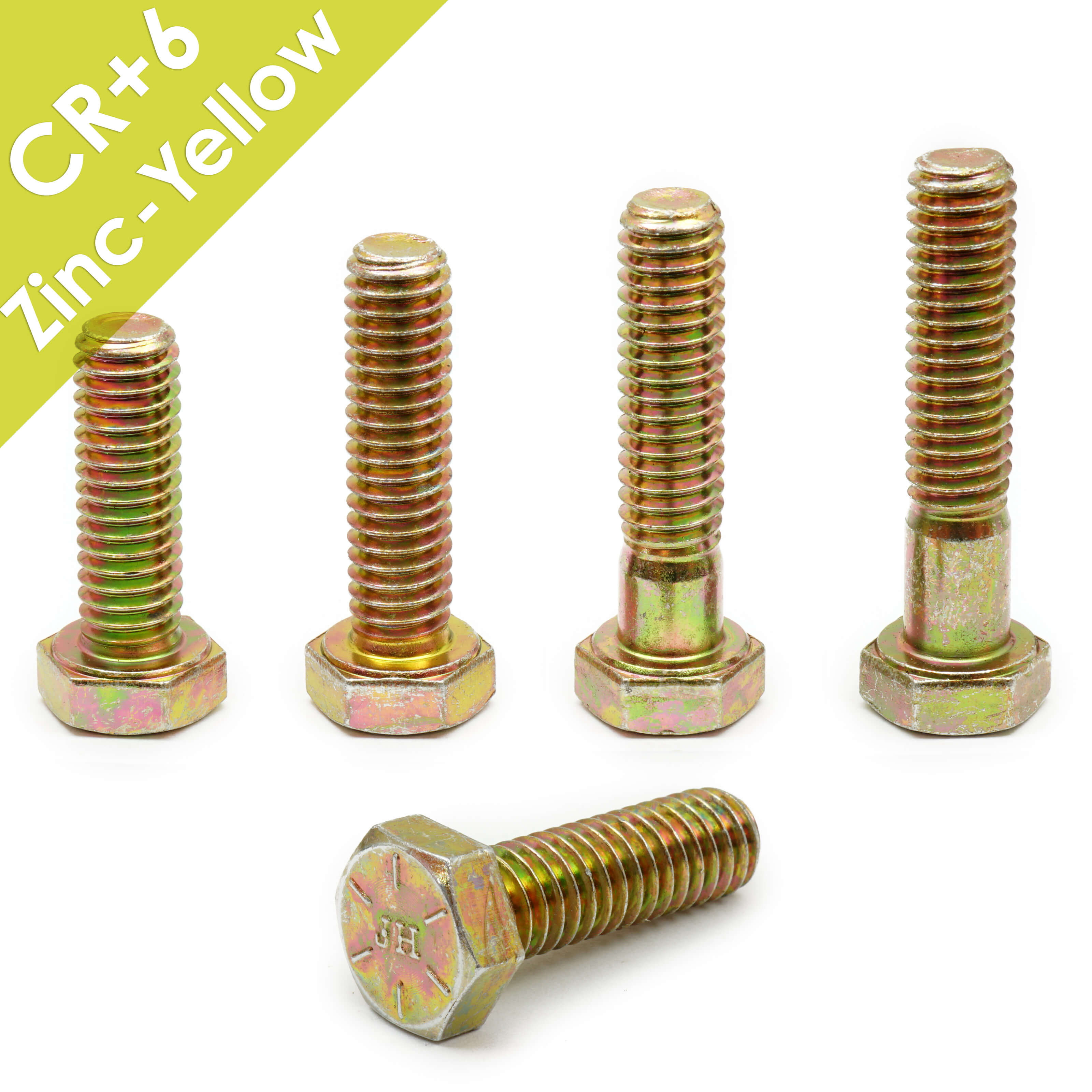 Yellow zinc hex cap screws in 3/8"-16 size.