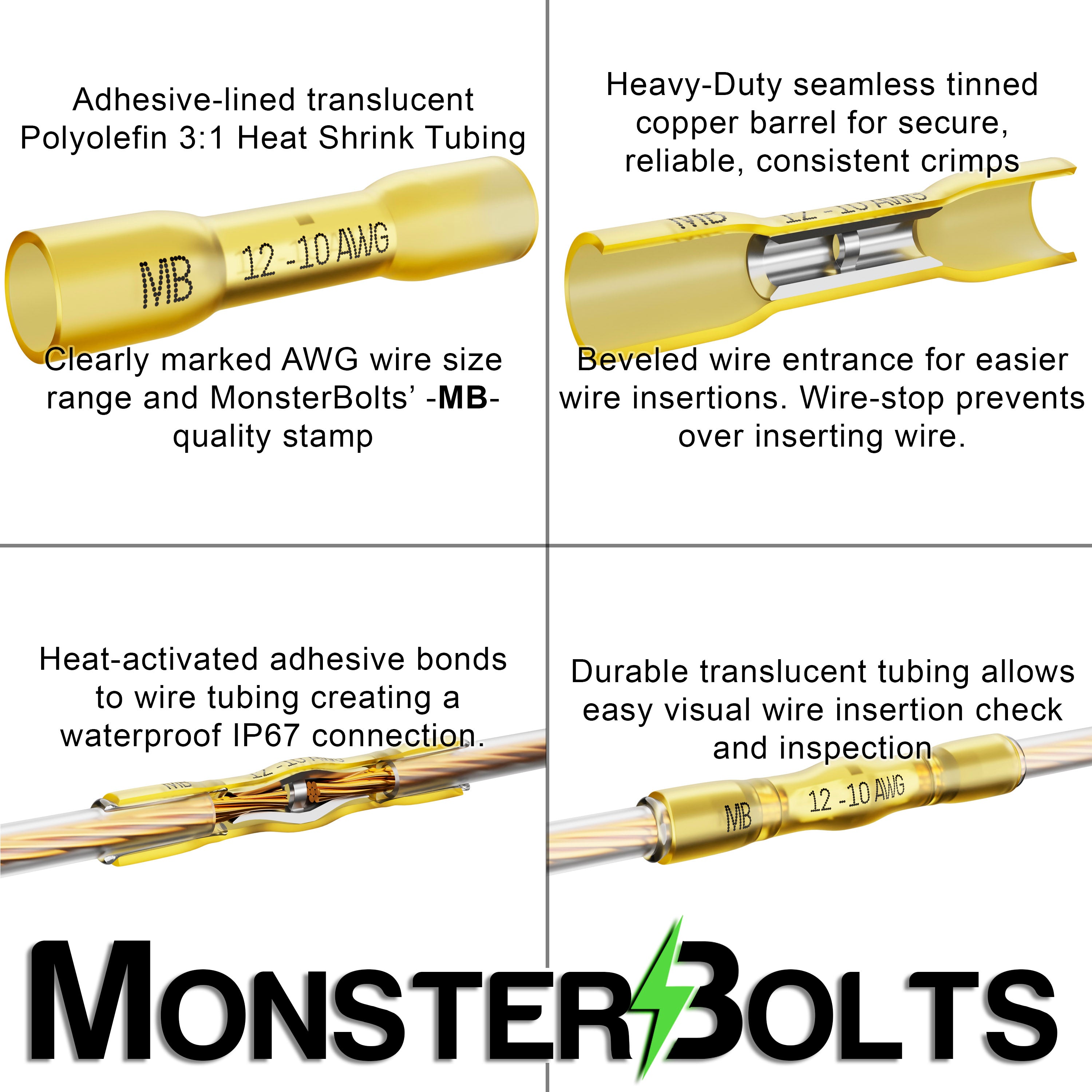 MonsterBolts Heat Shrink Crimp Butt Connectors, Sealed Waterproof, Yellow 12-10 AWG