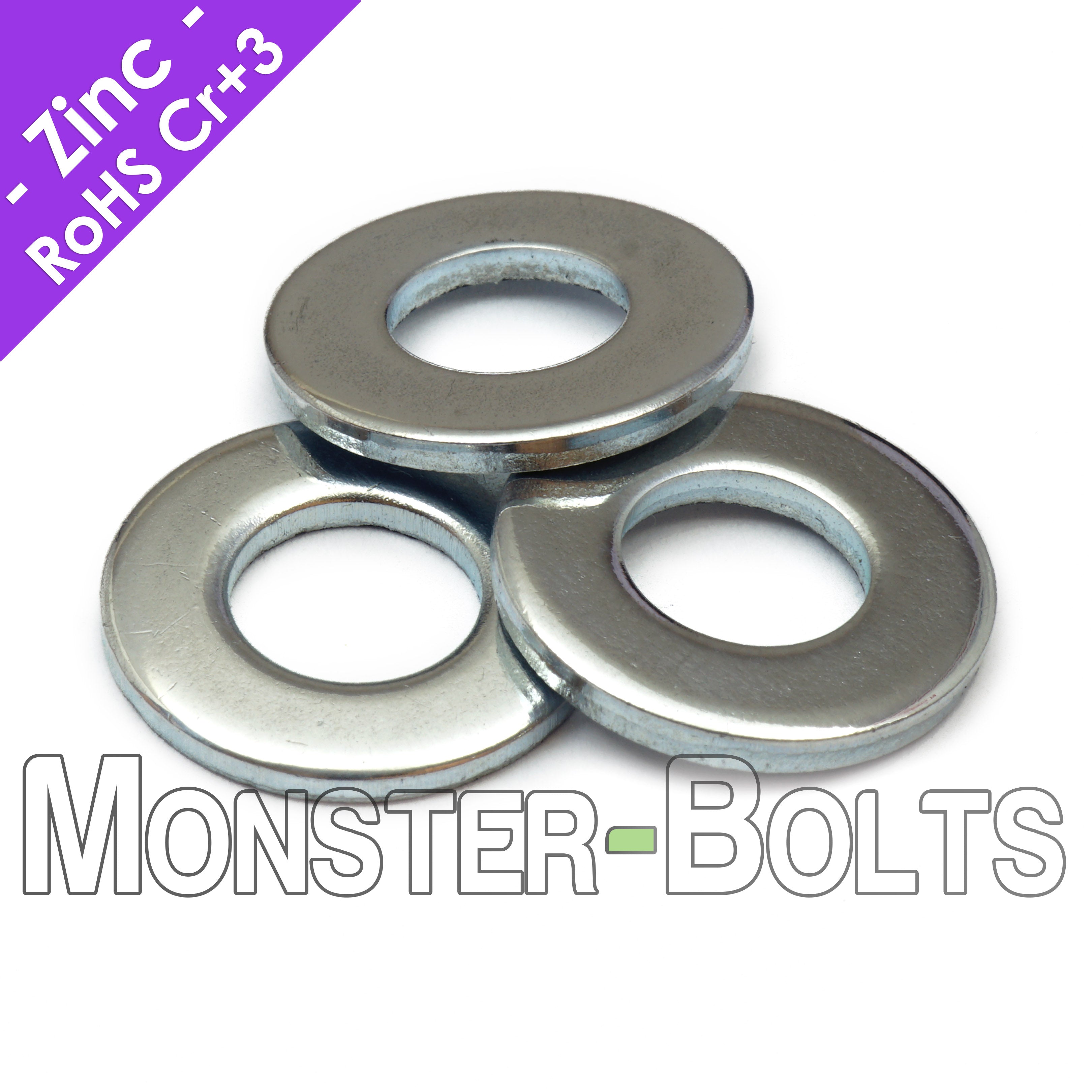 US / Inch - SAE Flat Washers, Cr+3 Zinc Plated Steel - Monster Bolts