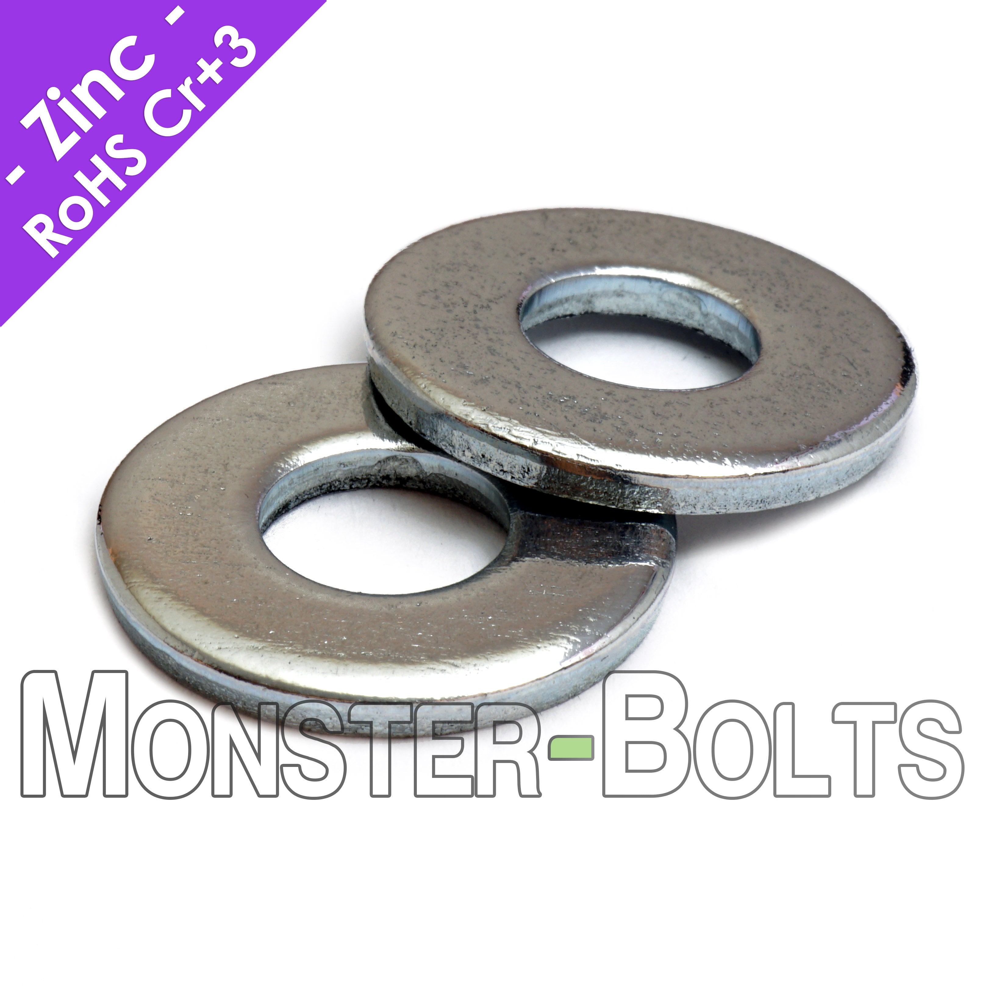 US / Inch - USS Flat Washers, Cr+3 Zinc Plated Steel - Monster Bolts