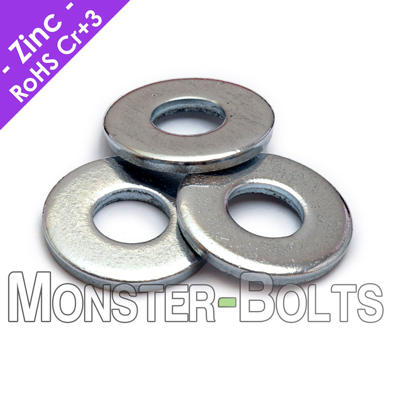 US / Inch - USS Flat Washers, Cr+3 Zinc Plated Steel - Monster Bolts