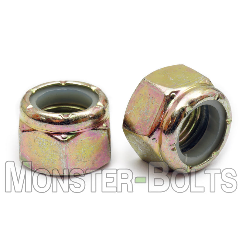 Yellow Zinc Nylon Insert Lock Nuts showing different angles.